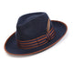 Navy Wool Felt Fedora Hat with Striped Band and Feather by Montique