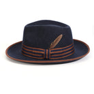 Navy H-102 felt fedora by Montique - front view with striped band and feather