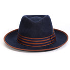 Navy H-102 felt fedora by Montique - rear view of pinch crown and striped band