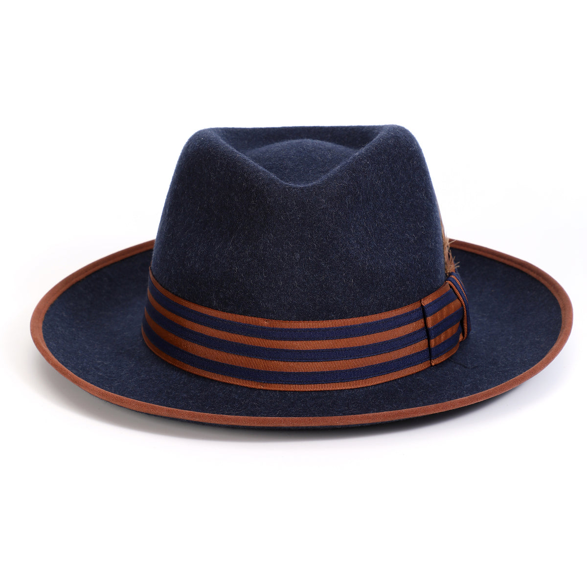 Navy H-102 felt fedora by Montique - rear view of pinch crown and striped band