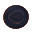 Navy H-102 felt fedora by Montique - top view of crown, brim, and contrast edge