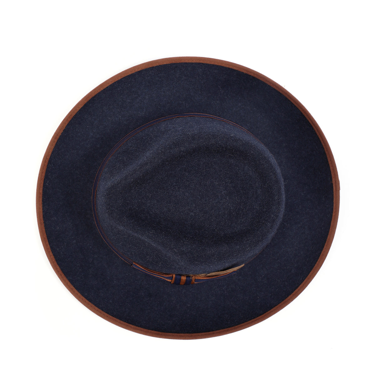 Navy H-102 felt fedora by Montique - top view of crown, brim, and contrast edge