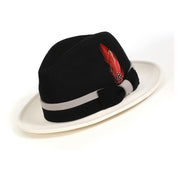 Black and White Felt Fedora Hat with White Band and Feather by Montique