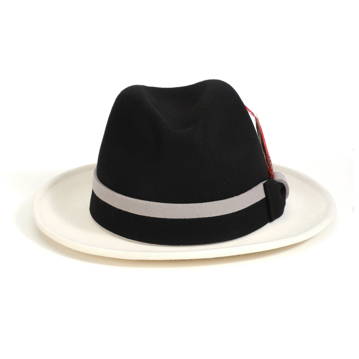 Black and white H-103 felt fedora by Montique - rear view of crown, brim, and band