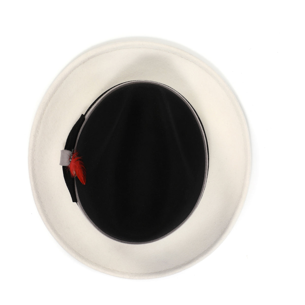 Black and white H-103 felt fedora by Montique - top view of crown and brim