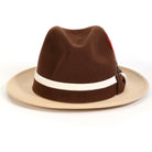 Brown and beige H-103 felt fedora by Montique - rear view