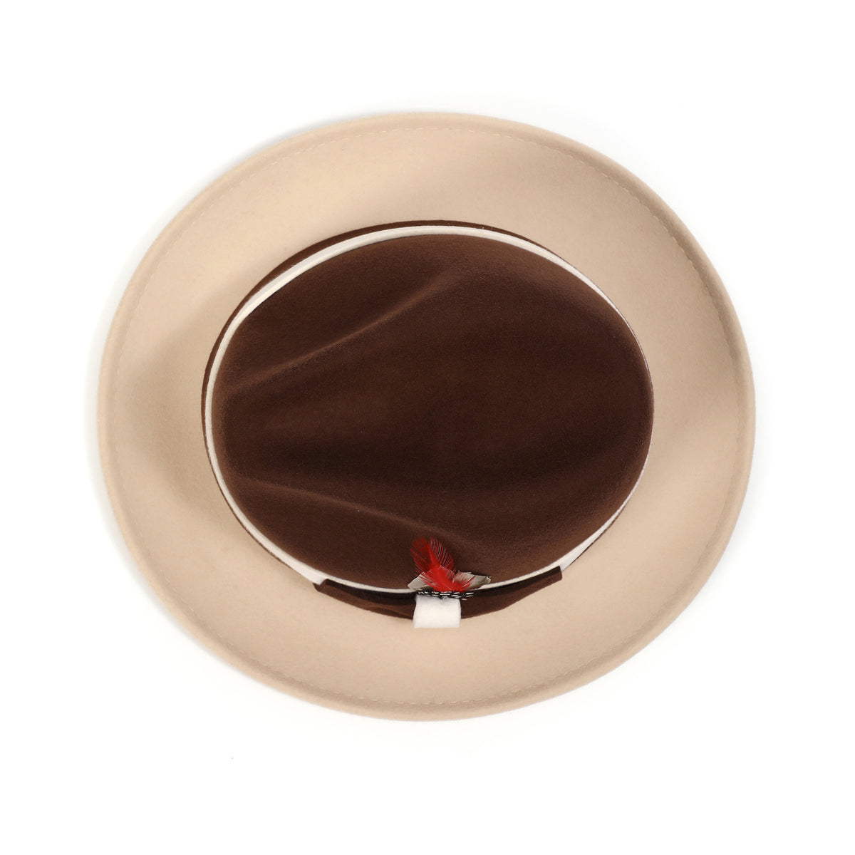 Brown and beige H-103 felt fedora by Montique - top view of crown and brim