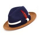 Navy and cappuccino H-103 felt fedora by Montique - angled view