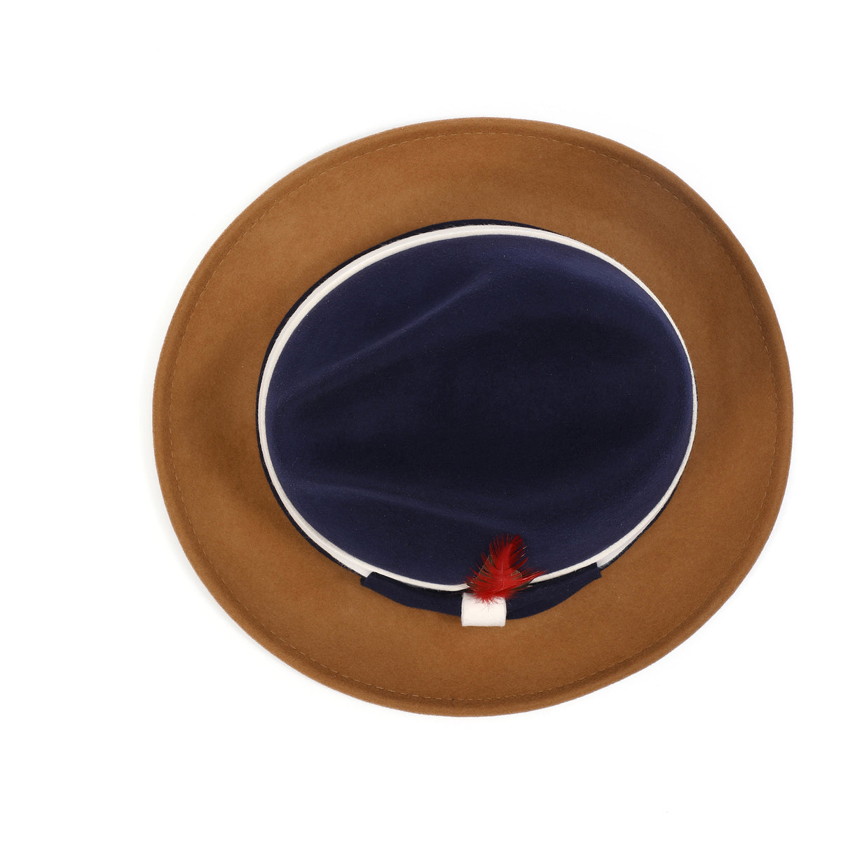 Navy and cappuccino H-103 felt fedora by Montique - top view of crown and brim