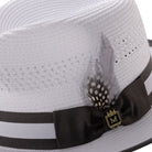side view white fedora with grey brim trim