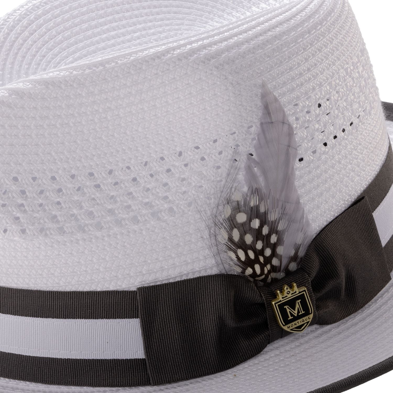 side view white fedora with grey brim trim