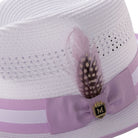 side view white fedora with lavender brim trim