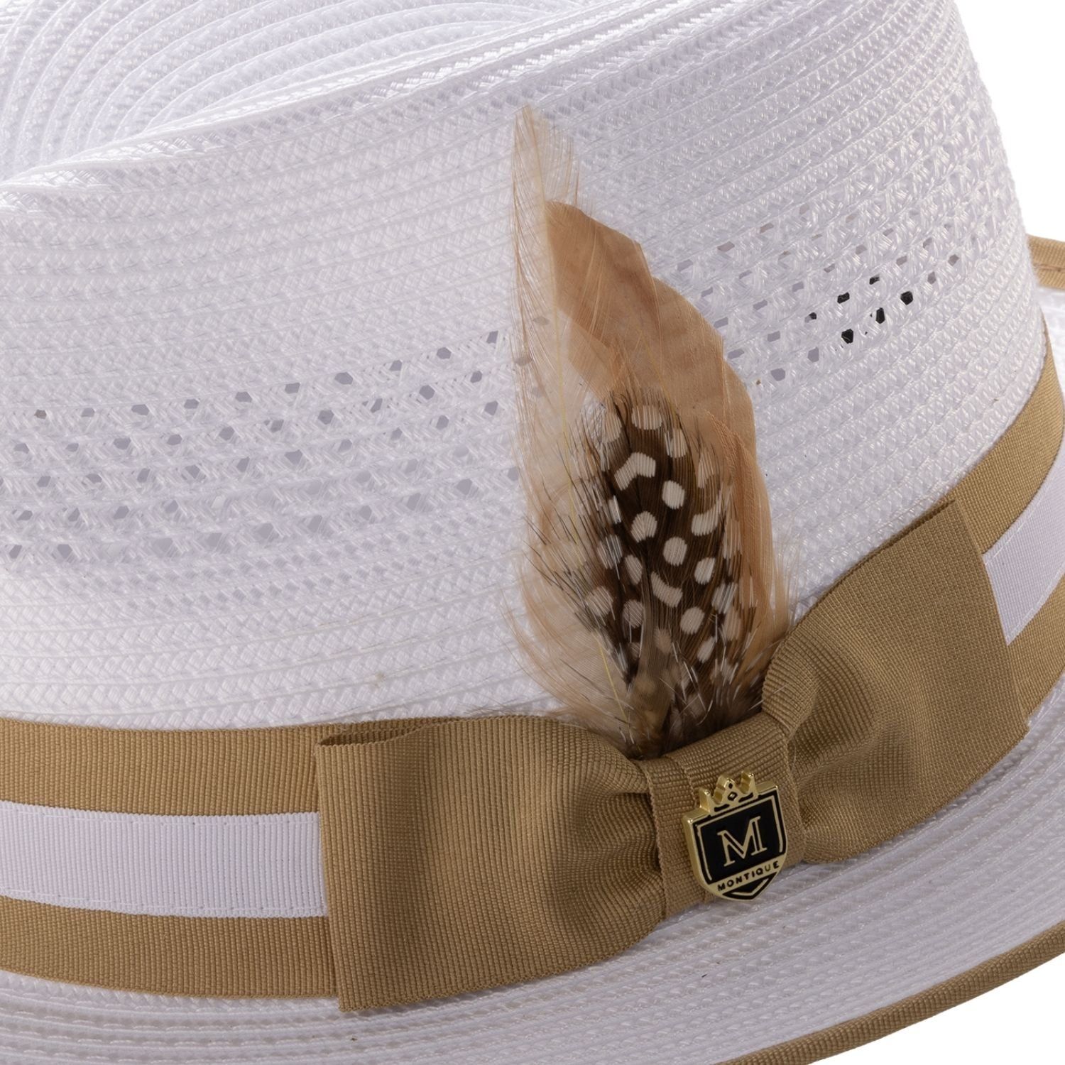 side view white fedora with mustard brim trim