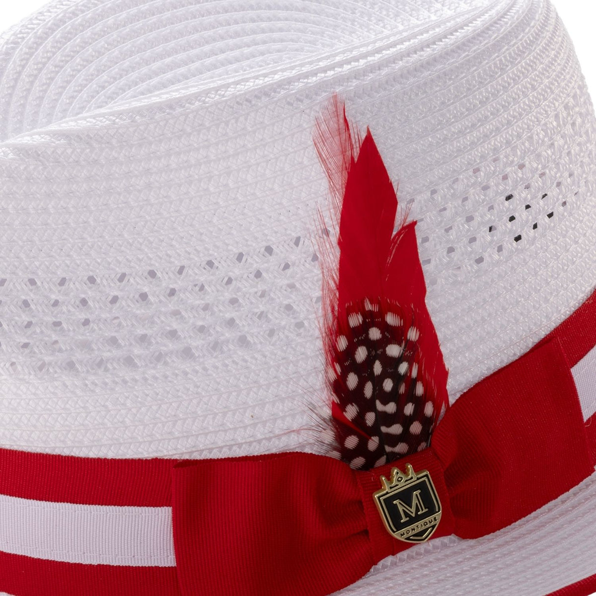 side view white fedora with red brim trim
