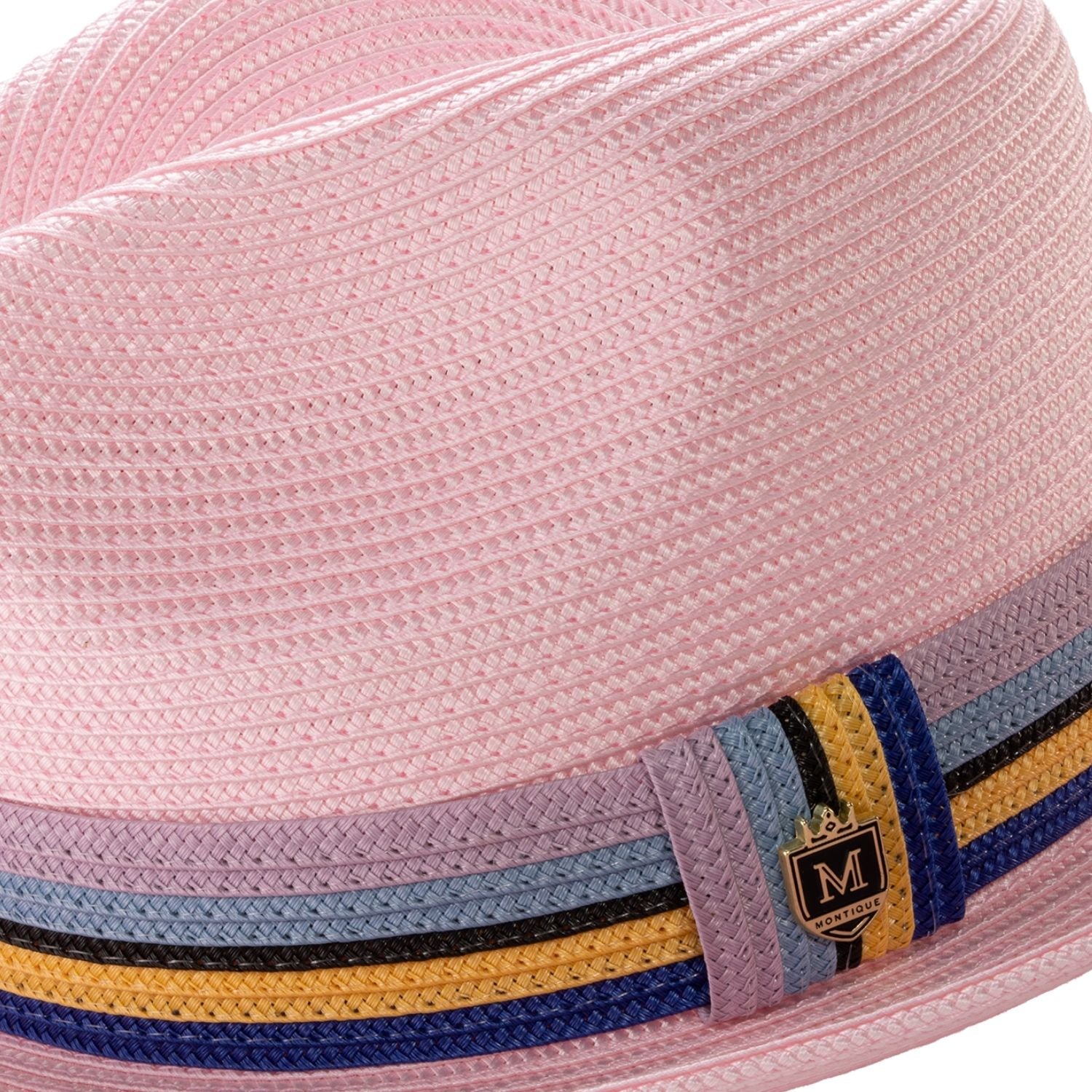 Close up profile of the pink braided straw fedora hat with multistripe ribbon band