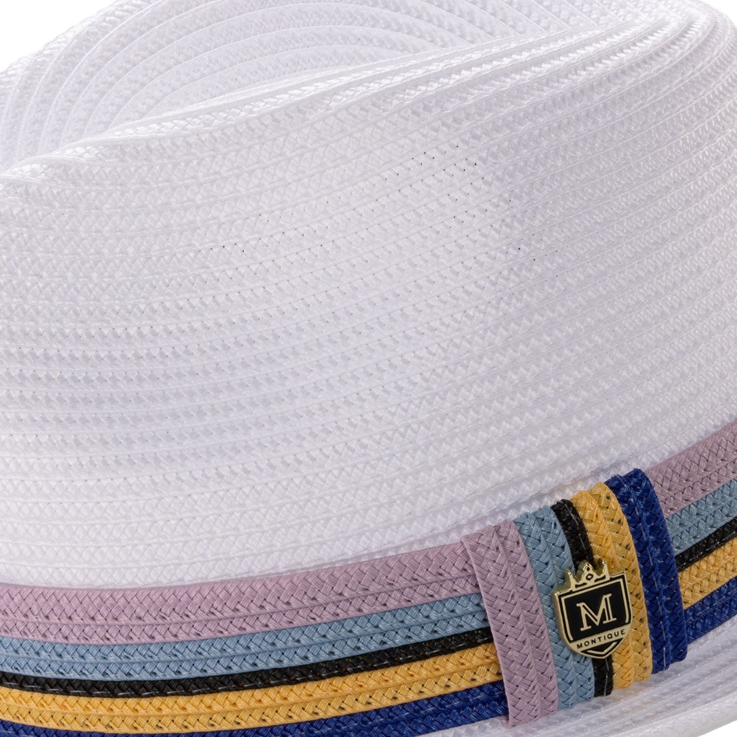 Close up profile of the white braided straw fedora hat with multistripe ribbon band