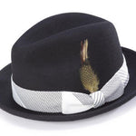 FeatherGleam Collection: Montique Black Fedora with Feather and White Mesh Band