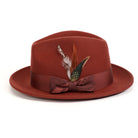 Cognac H-2552 felt fedora by Montique - front view with patterned bow and feather accent