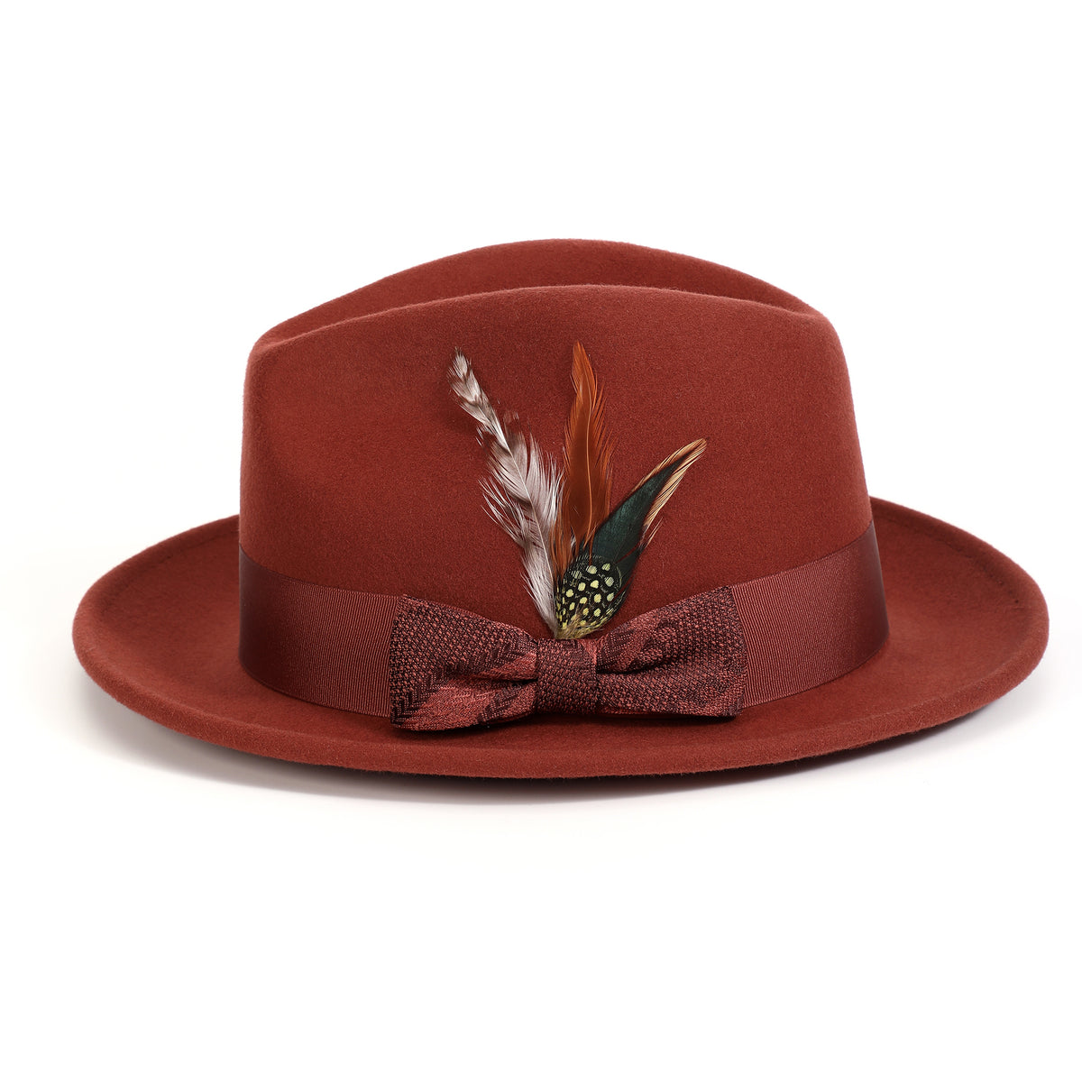 Cognac H-2552 felt fedora by Montique - front view with patterned bow and feather accent