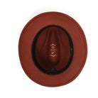 Cognac H-2552 felt fedora by Montique - interior view with dark inner band and crown branding