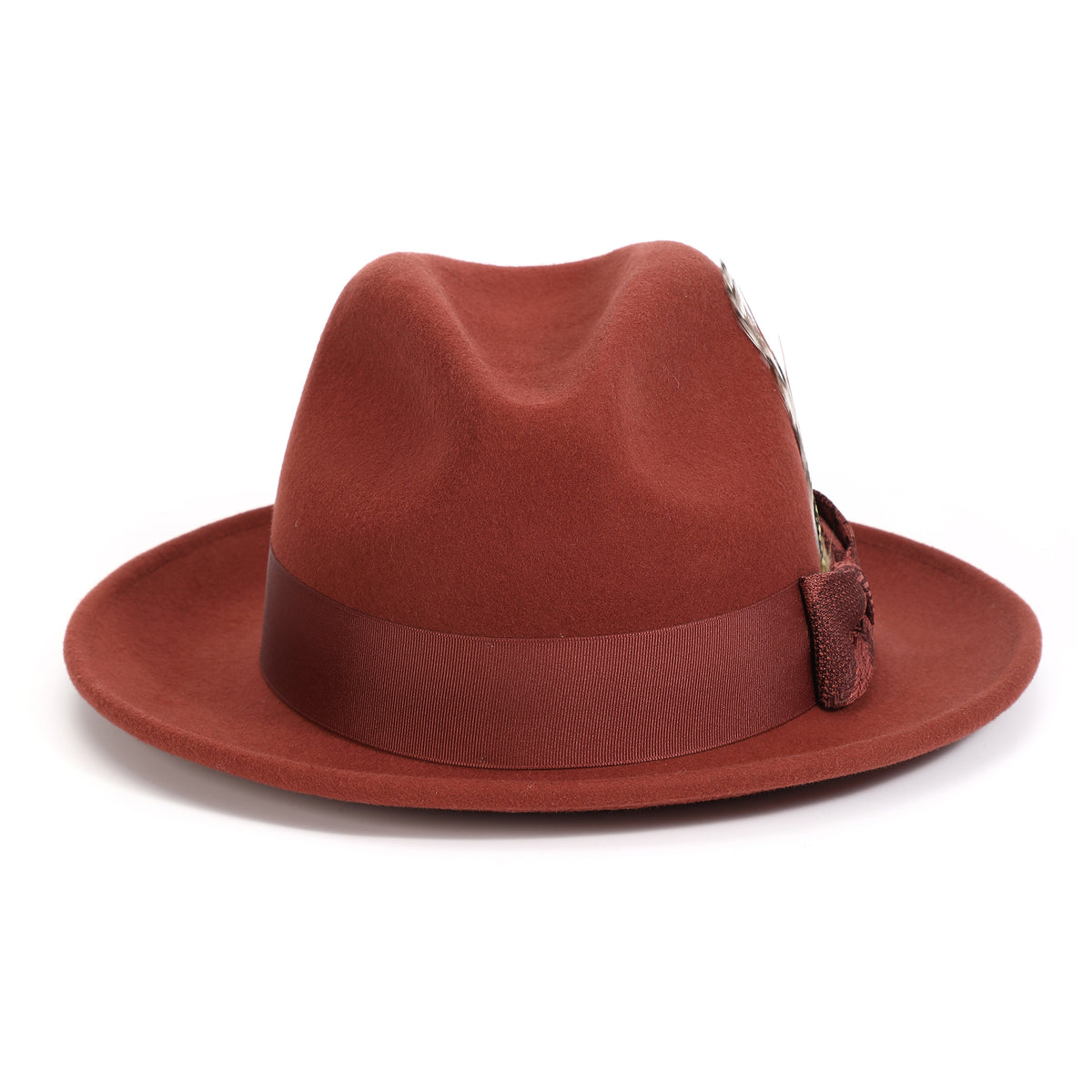 Cognac H-2552 felt fedora by Montique - rear view of center dent crown and tonal band