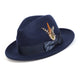 Navy Felt Fedora Hat with Patterned Bow and Feather by Montique