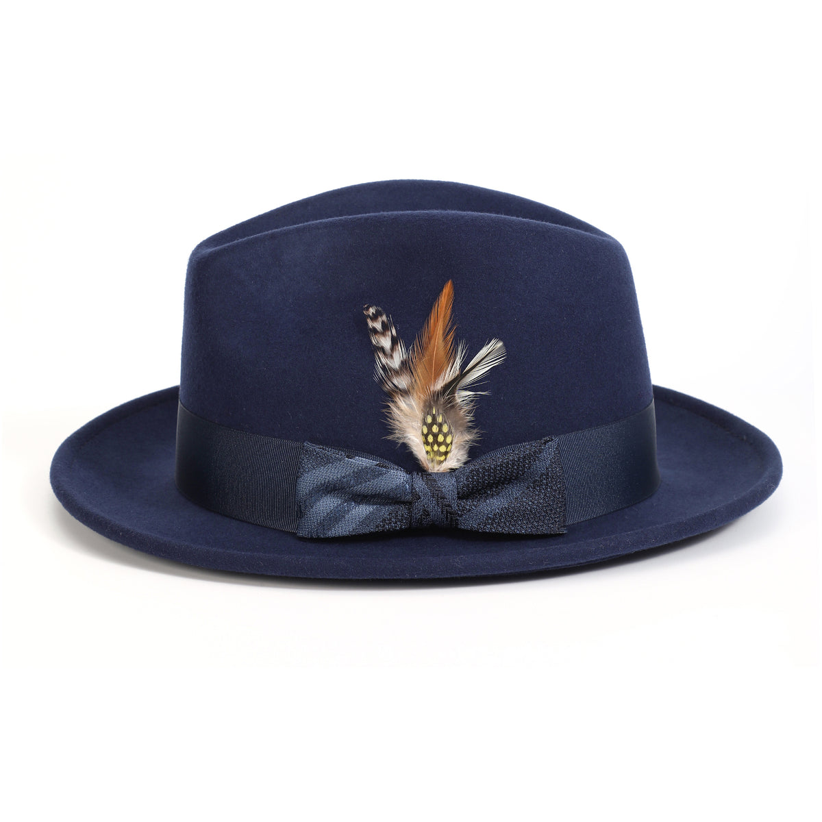 Navy H-2552 felt fedora by Montique - front view with patterned bow and feather accent
