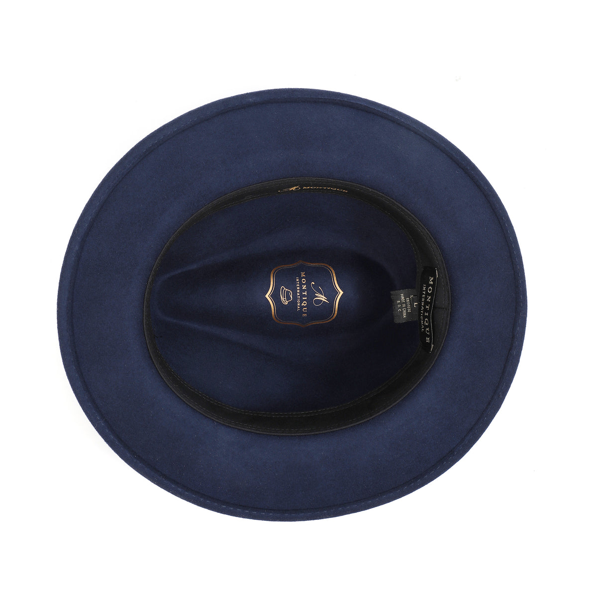 Navy H-2552 felt fedora by Montique - interior view with dark inner band and crown branding