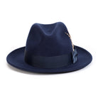 Navy H-2552 felt fedora by Montique - rear view of center dent crown and tonal band