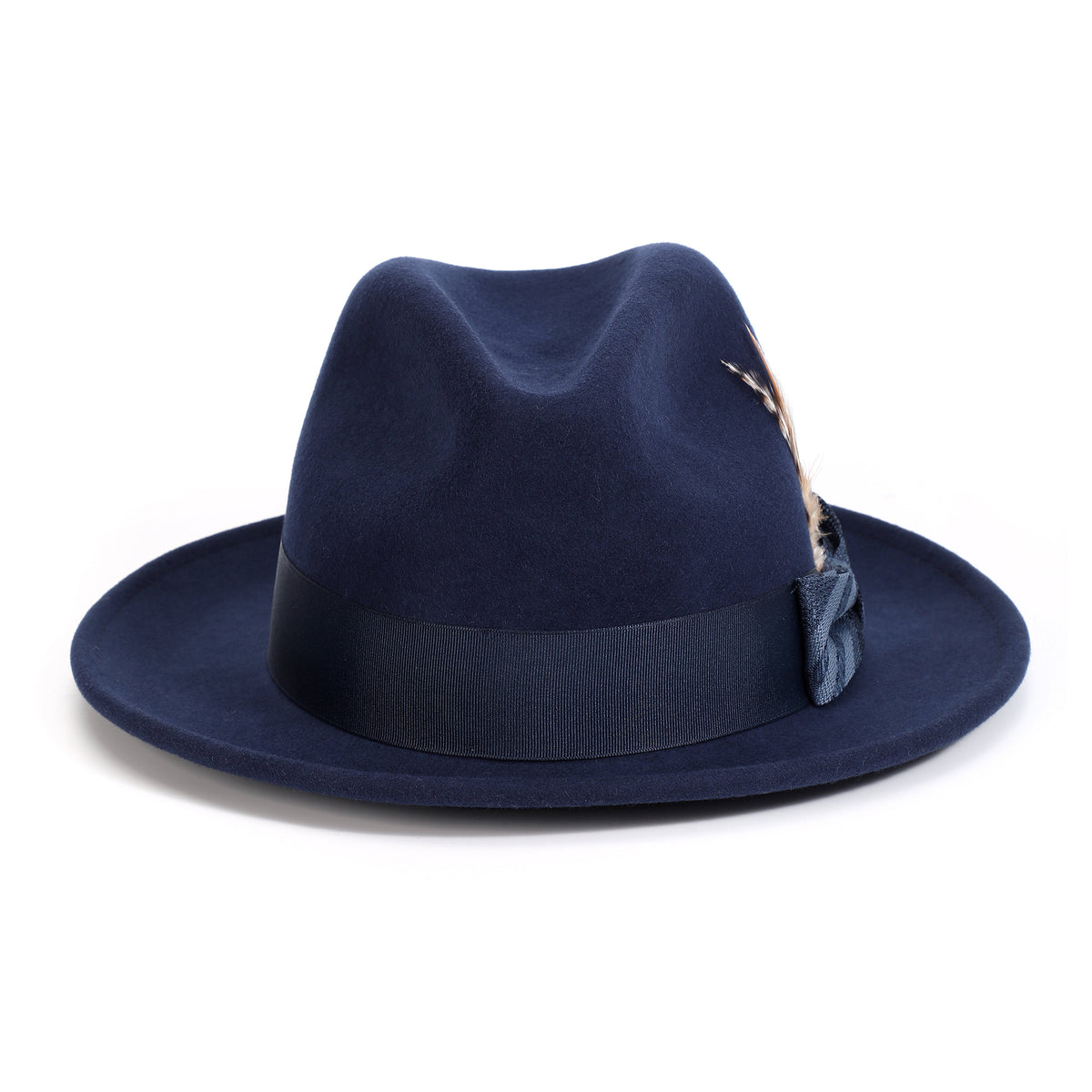 Navy H-2552 felt fedora by Montique - rear view of center dent crown and tonal band