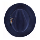 Navy H-2552 felt fedora by Montique - top view of center dent crown and brim
