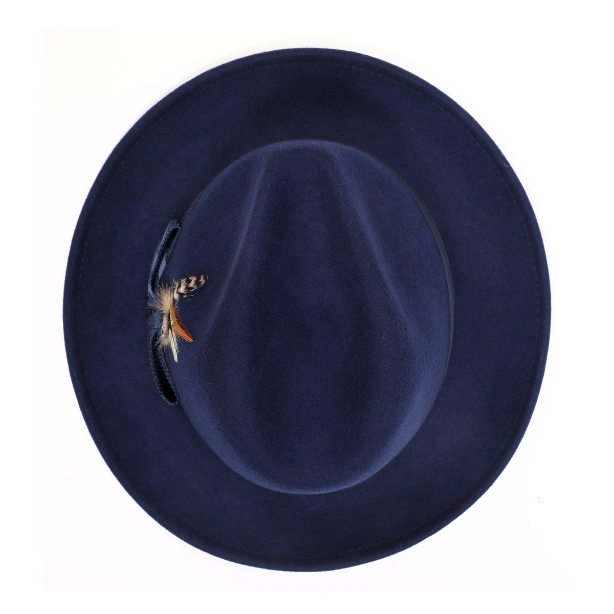 Navy H-2552 felt fedora by Montique - top view of center dent crown and brim