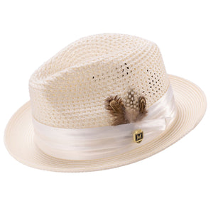 Glossaric Collection: Montique Ivory Solid Color Pinch Mesh Braided Fedora With Matching Satin Ribbon Hat
