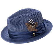 Glossaric Collection: Montique Navy Solid Color Pinch Mesh Braided Fedora With Matching Satin Ribbon Hat