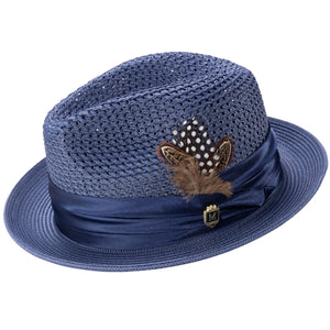 Glossaric Collection: Montique Navy Solid Color Pinch Mesh Braided Fedora With Matching Satin Ribbon Hat