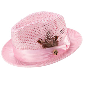 Glossaric Collection: Montique Pink Solid Color Pinch Mesh Braided Fedora With Matching Satin Ribbon Hat