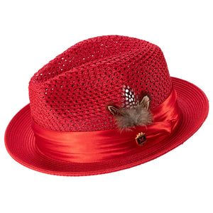 Glossaric Collection: Montique Red Solid Color Pinch Mesh Braided Fedora With Matching Satin Ribbon Hat