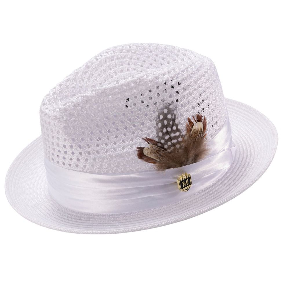 White Braided Wide Brim Pinch Fedora Side View