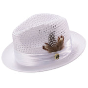 Glossaric Collection: Montique White Solid Color Pinch Mesh Braided Fedora With Matching Satin Ribbon Hat