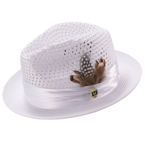 Glossaric Collection: Montique White Solid Color Pinch Mesh Braided Fedora With Matching Satin Ribbon Hat