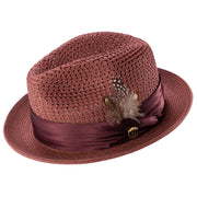 Glossaric Collection: Montique Burgundy Solid Color Pinch Mesh Braided Fedora With Matching Satin Ribbon Hat
