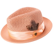 Glossaric Collection: Montique Peach Solid Color Pinch Mesh Braided Fedora With Matching Satin Ribbon Hat