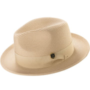 Beige Braided Wide Brim Pinch Crown Fedora Hat with Matching Grosgrain Ribbon