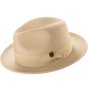 Beige Braided Wide Brim Pinch Crown Fedora Hat with Matching Grosgrain Ribbon