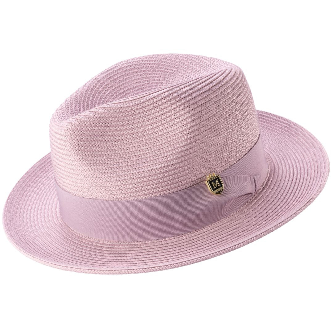 Mauve Braided Wide Brim Pinch Crown Fedora Hat with Matching Grosgrain Ribbon