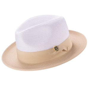 Galanza Collection: Montique Beige Two-tone Pinch Fedora With Matching Grosgrain Ribbon- Wide Brim H47