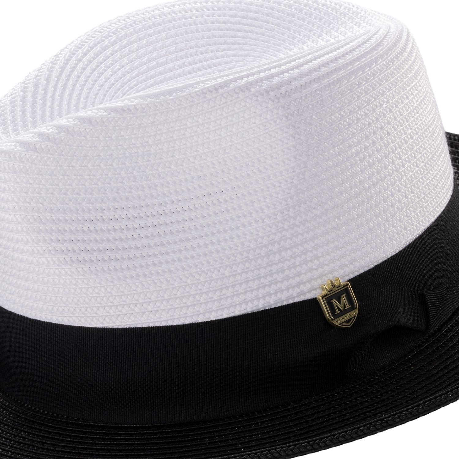 Side view of black and white wide brim fedora hat with grosgrain ribbon