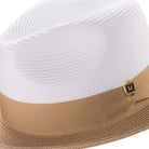Side view of camel and white wide brim fedora hat with grosgrain ribbon