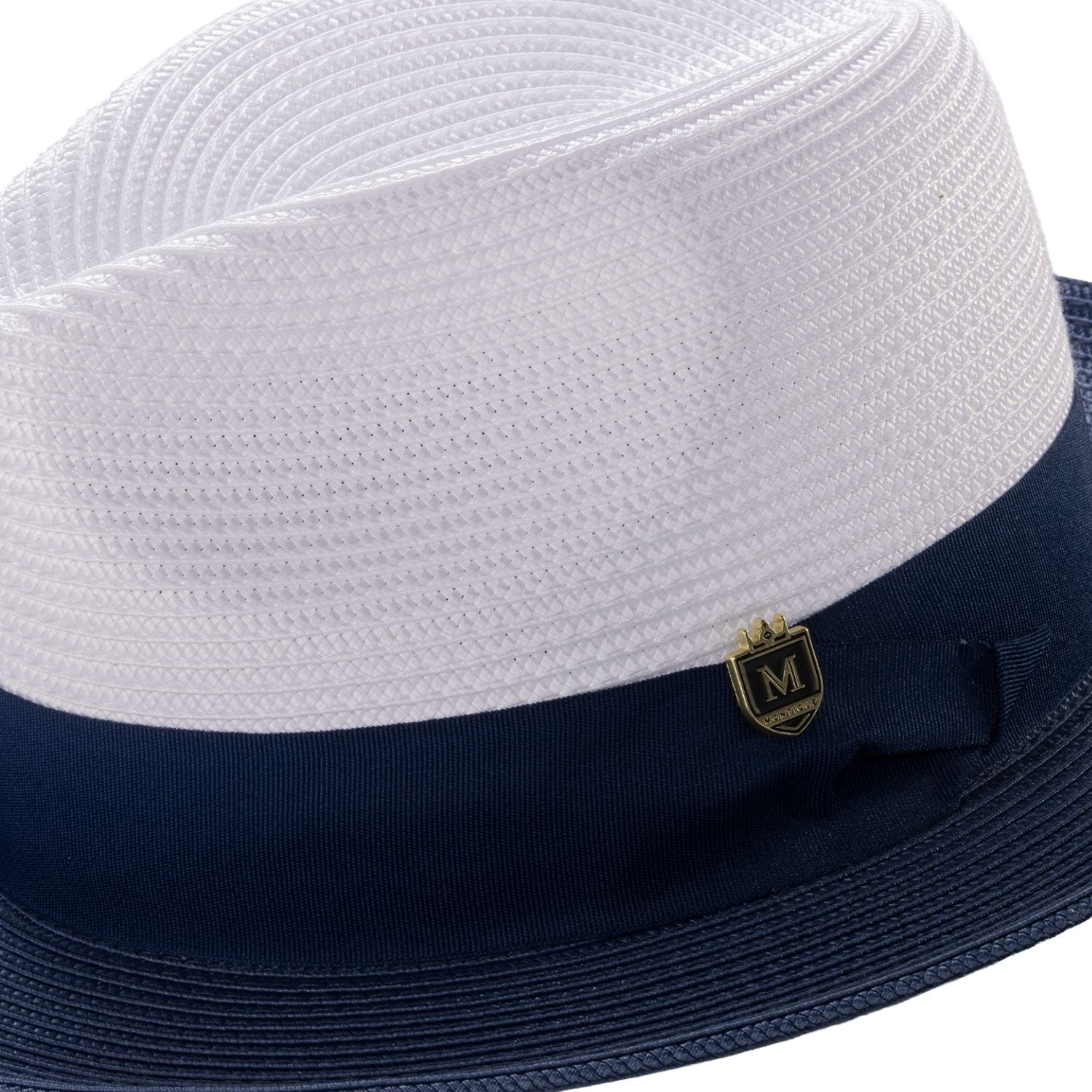 Side view of navy and white wide brim fedora hat with grosgrain ribbon