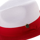 Side view of red and white wide brim fedora hat with grosgrain ribbon